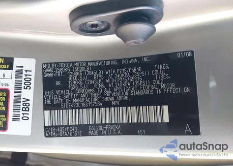 2008 Toyota Sienna Le z USA, uszkodzony, nr VIN 5TDZK23C18S157564